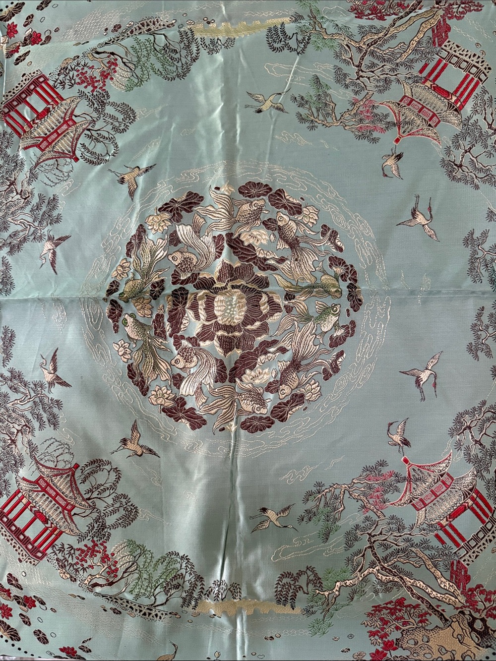 1950’s Chinese Brocade Fringed Tablecloth Aqua Silk-Tapestry Oriental Koi Medal